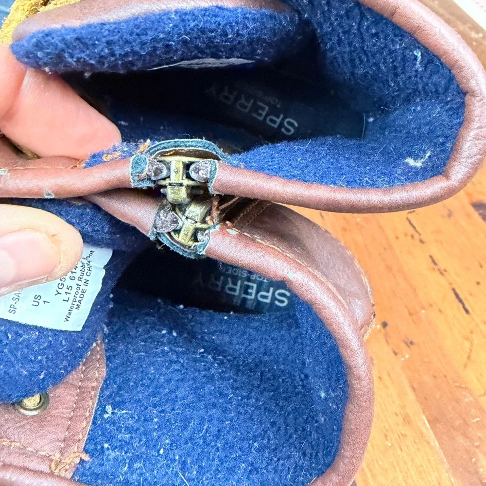 Sperry Saltwater Kids 1‎ Duck Boots Navy Brown Leather Fleece Lined Rain Boots